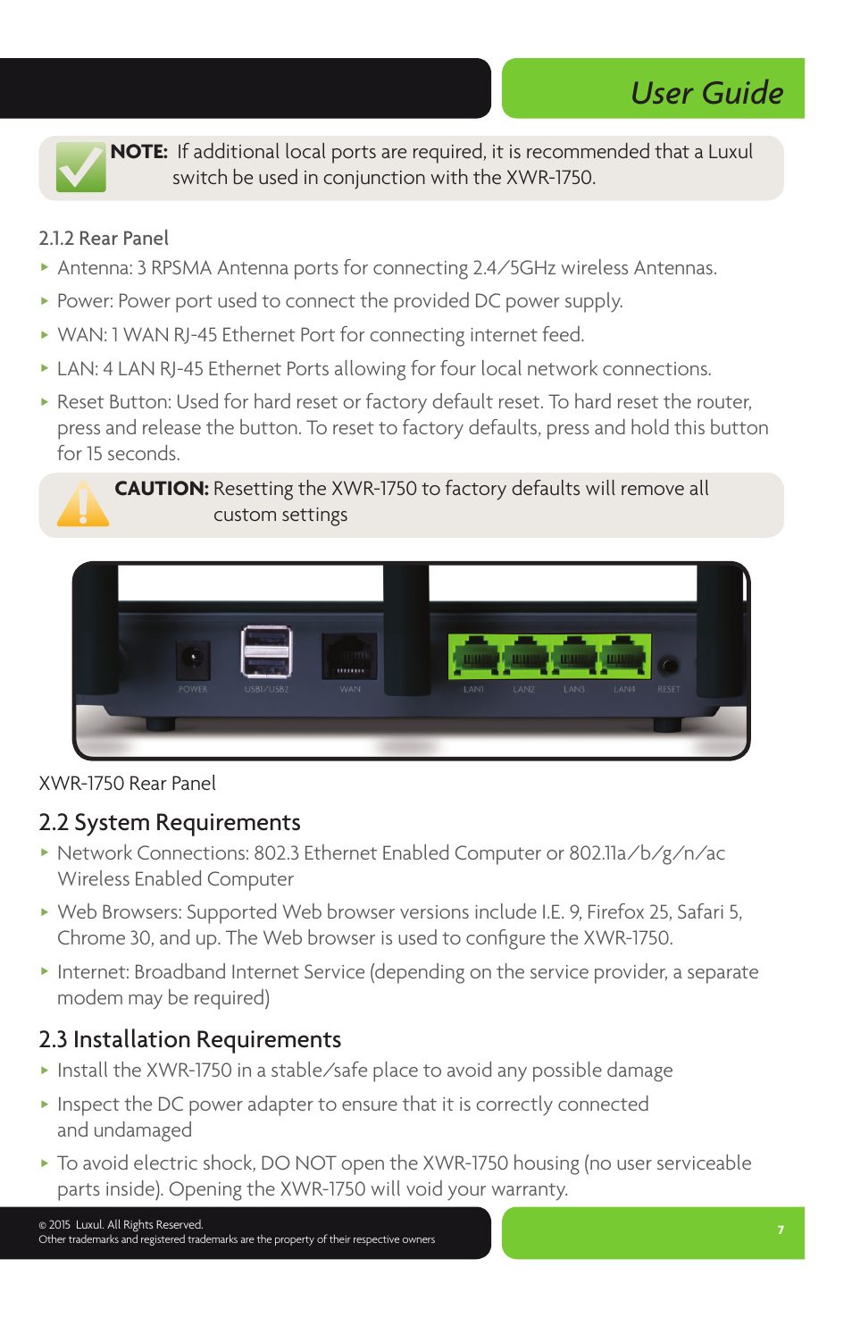 User guide, 2 system requirements, 3 installation requirements | Luxul XWR-1750 User Manual | Page 7 / 52