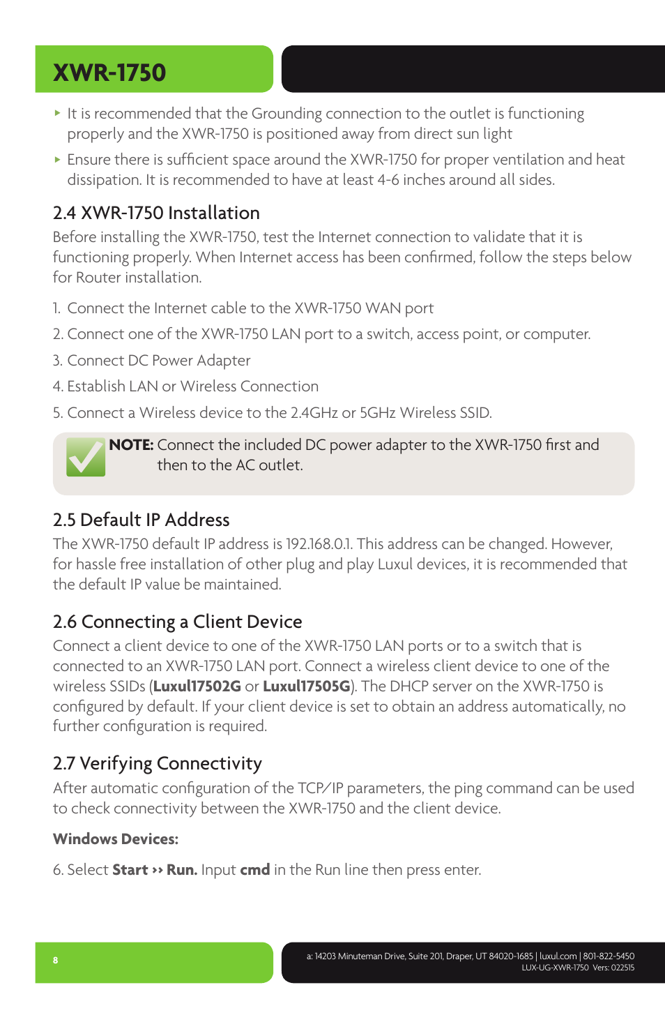 Xwr-1750, 5 default ip address, 6 connecting a client device | 7 verifying connectivity | Luxul XWR-1750 User Manual | Page 8 / 52