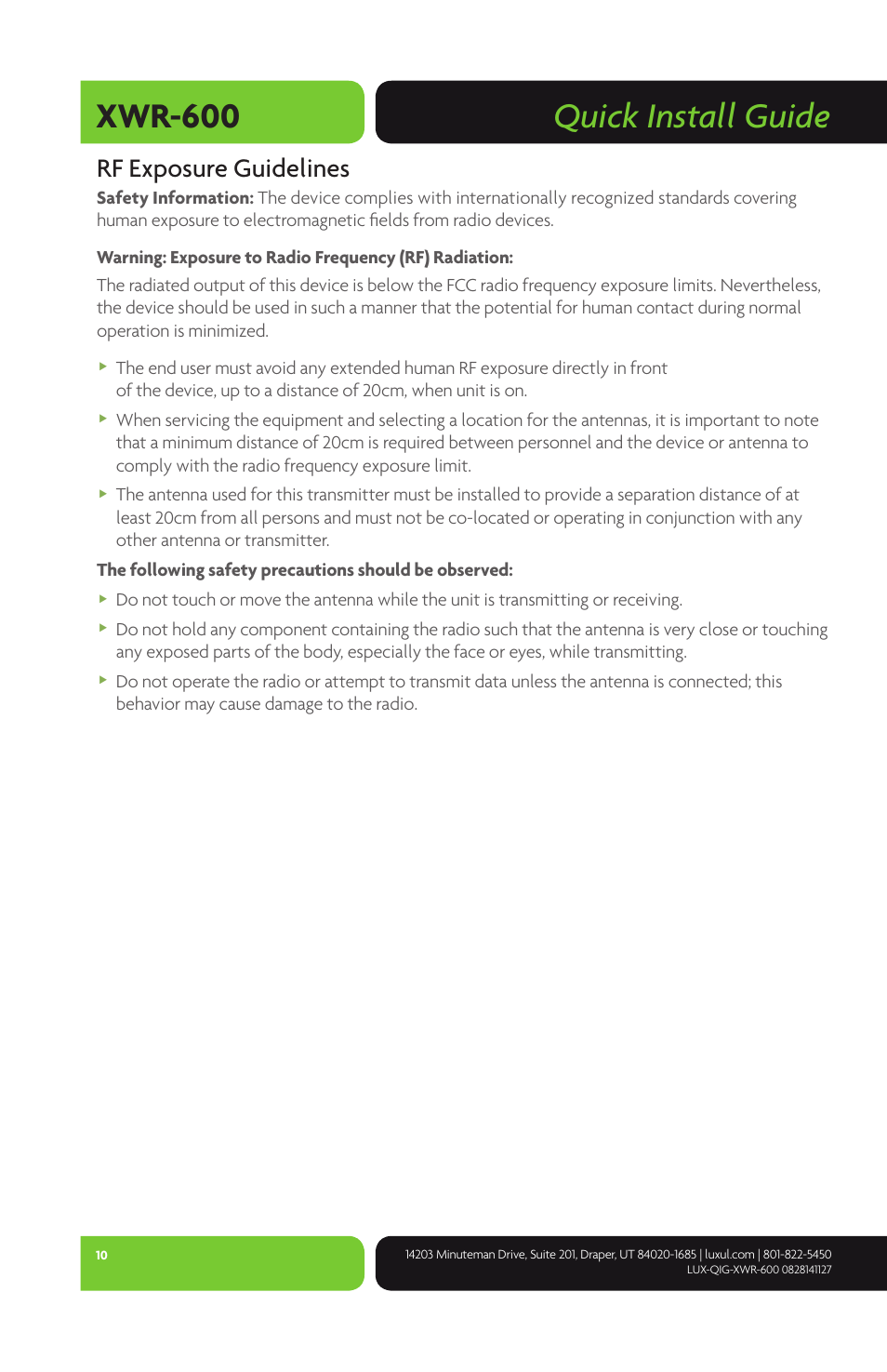 Quick install guide xwr-600, Rf exposure guidelines | Luxul XWR-600 User Manual | Page 10 / 12