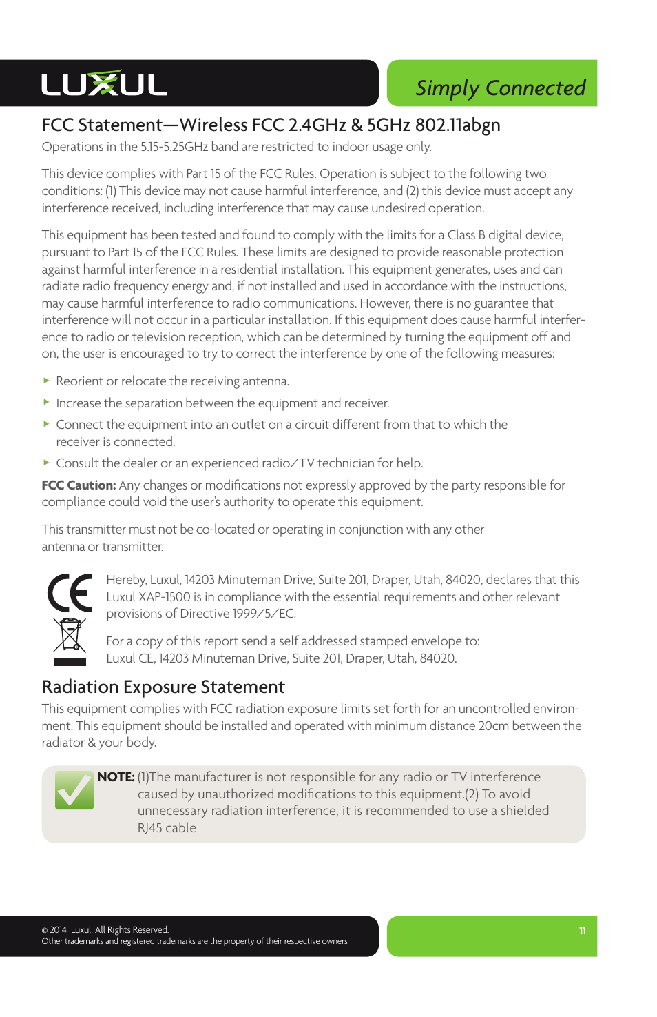 Simply connected, Radiation exposure statement | Luxul XWR-600 User Manual | Page 11 / 12