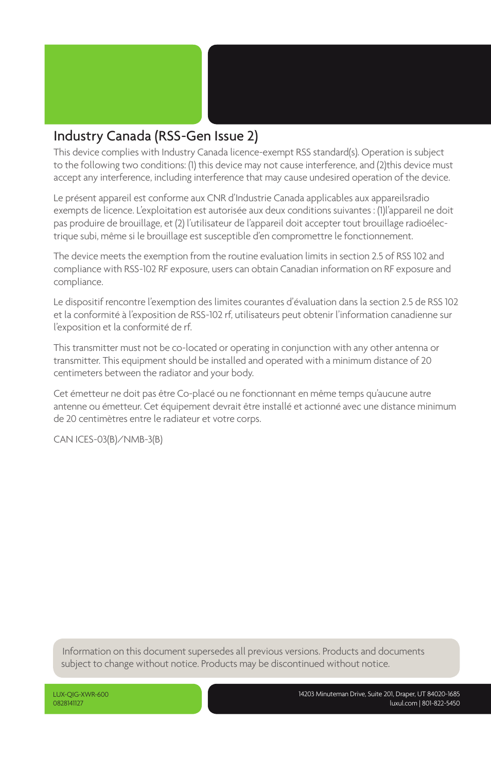 Industry canada (rss-gen issue 2) | Luxul XWR-600 User Manual | Page 12 / 12