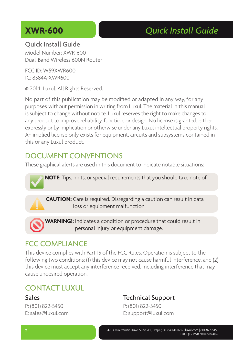 Quick install guide xwr-600, Document conventions, Fcc compliance | Contact luxul | Luxul XWR-600 User Manual | Page 2 / 12