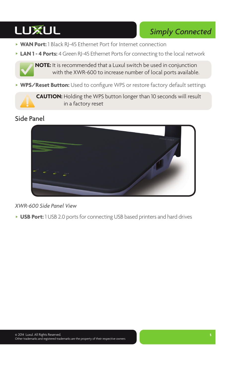 Simply connected, Side panel, Xwr-600 side panel view | Luxul XWR-600 User Manual | Page 5 / 12