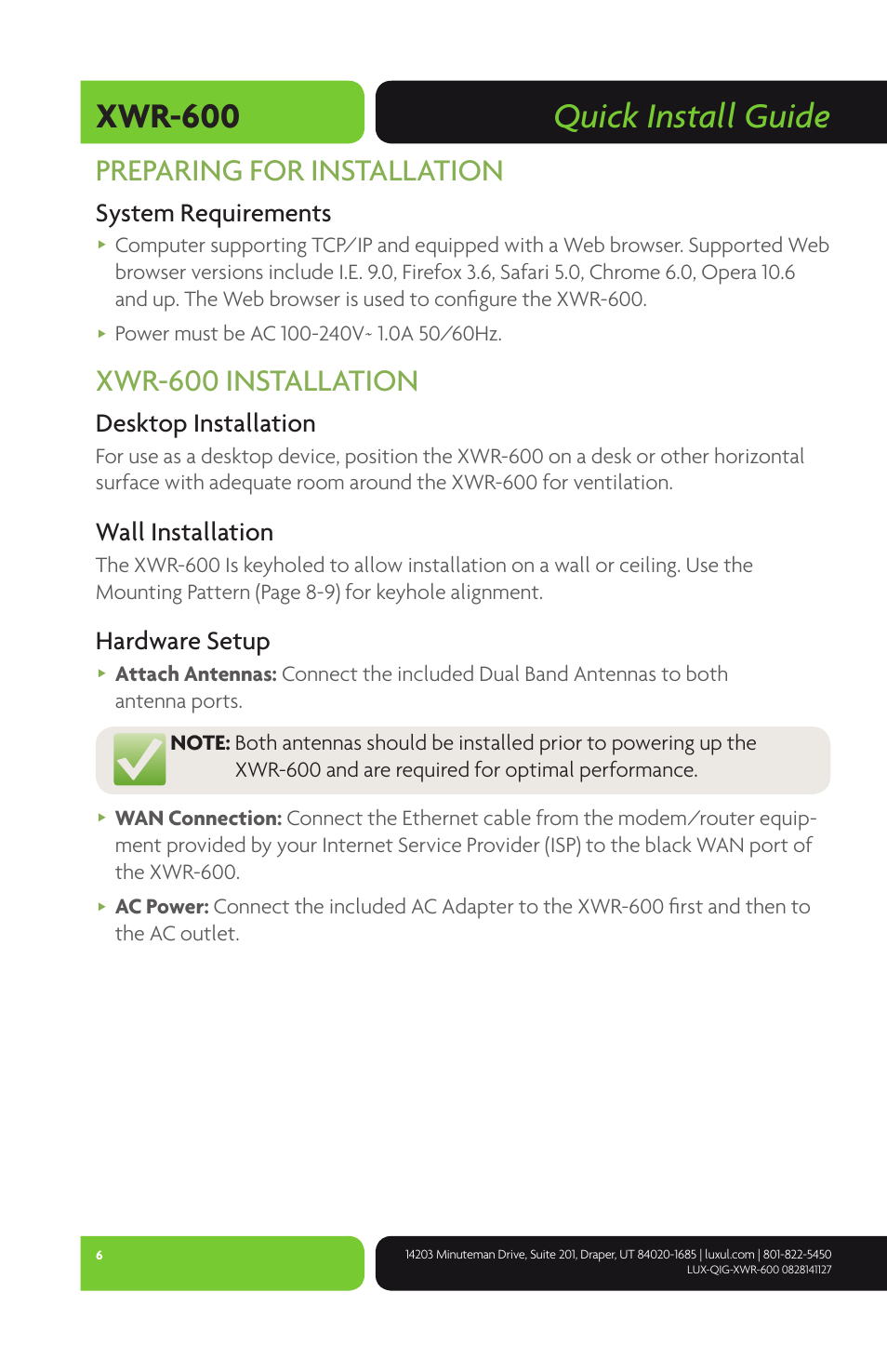 Quick install guide xwr-600, Preparing for installation, Xwr-600 installation | System requirements, Desktop installation, Wall installation, Hardware setup | Luxul XWR-600 User Manual | Page 6 / 12