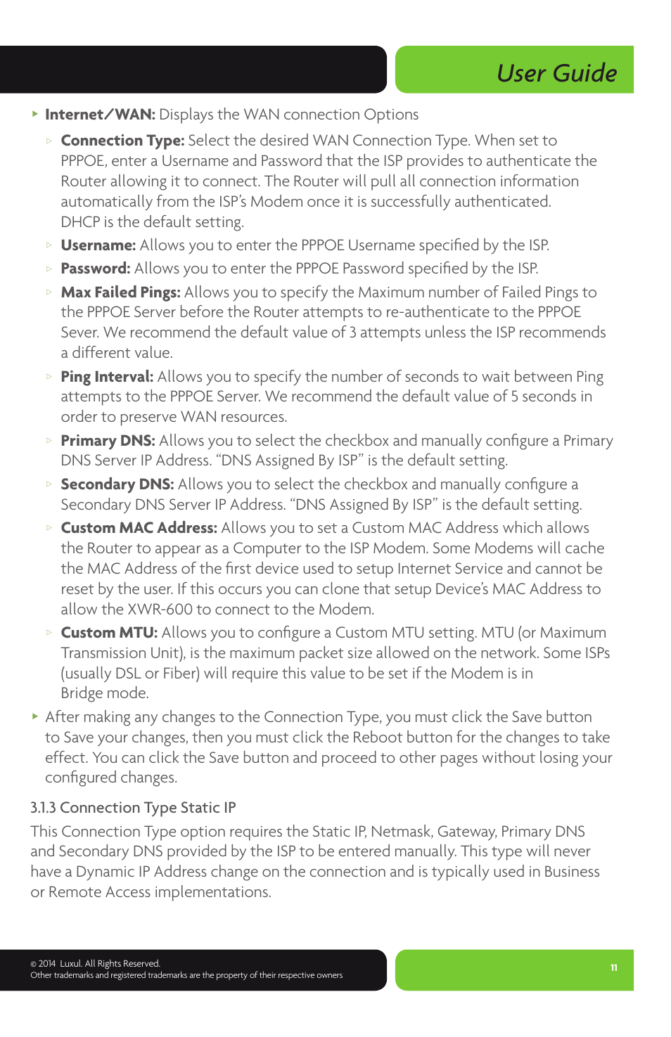 User guide, Internet/wan: displays the wan connection options | Luxul XWR-600 User Manual | Page 11 / 48