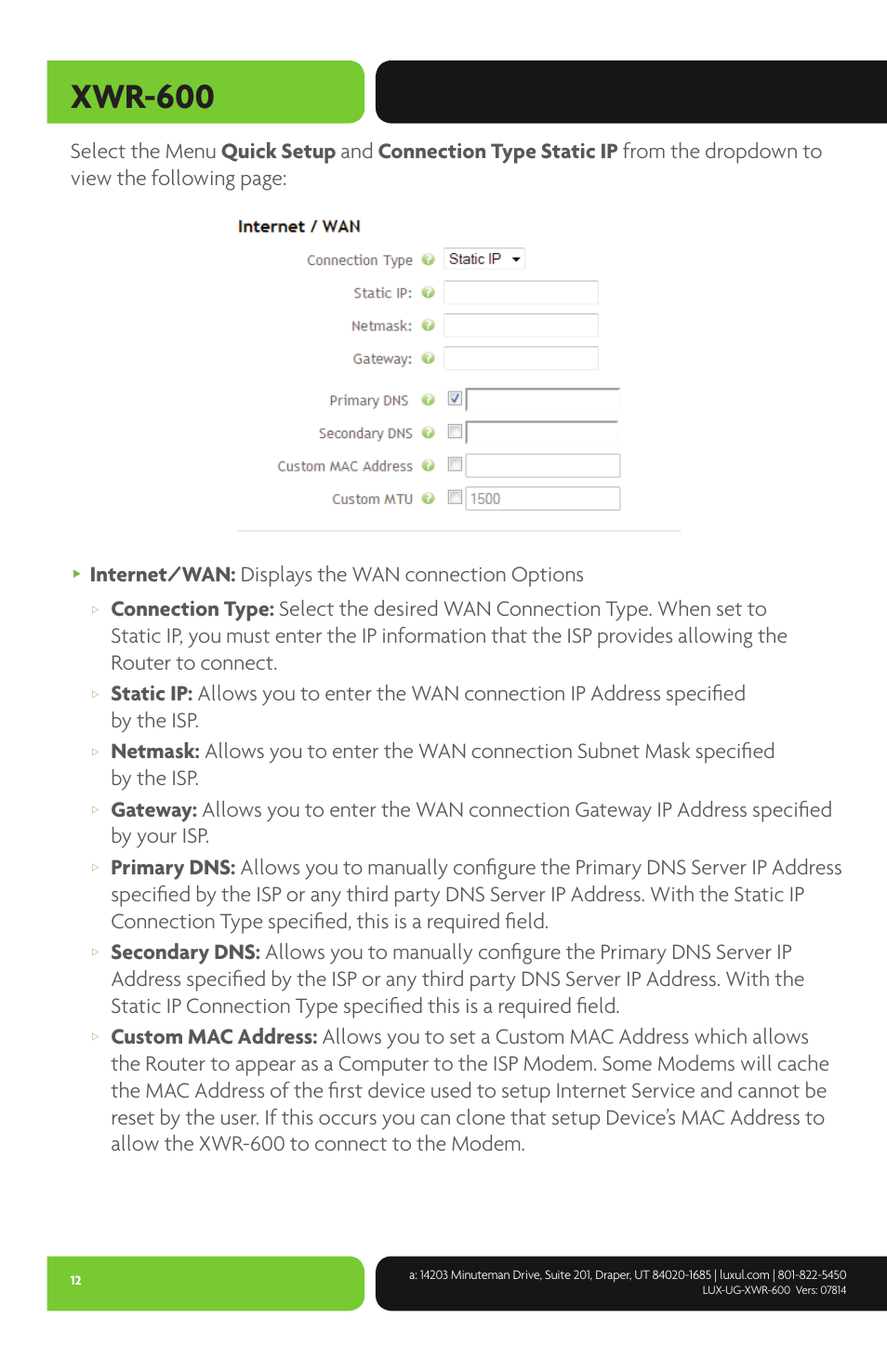 Xwr-600, Internet/wan: displays the wan connection options | Luxul XWR-600 User Manual | Page 12 / 48