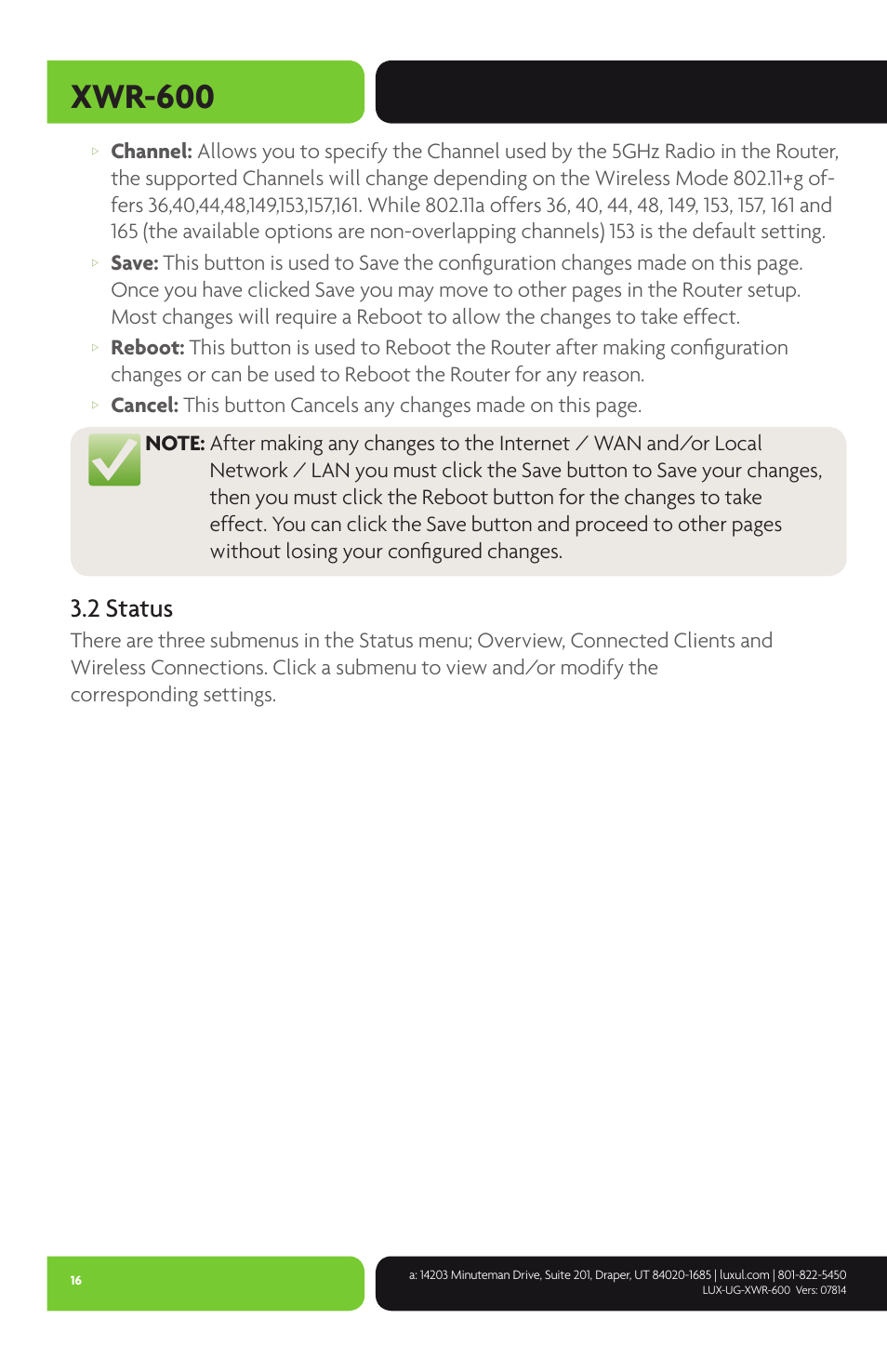 Xwr-600, 2 status | Luxul XWR-600 User Manual | Page 16 / 48