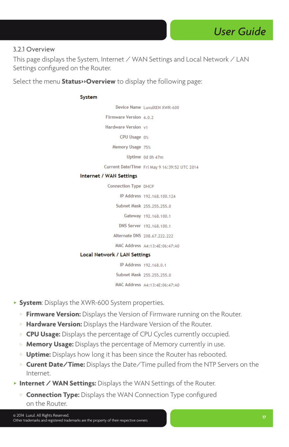 User guide, System : displays the xwr-600 system properties | Luxul XWR-600 User Manual | Page 17 / 48