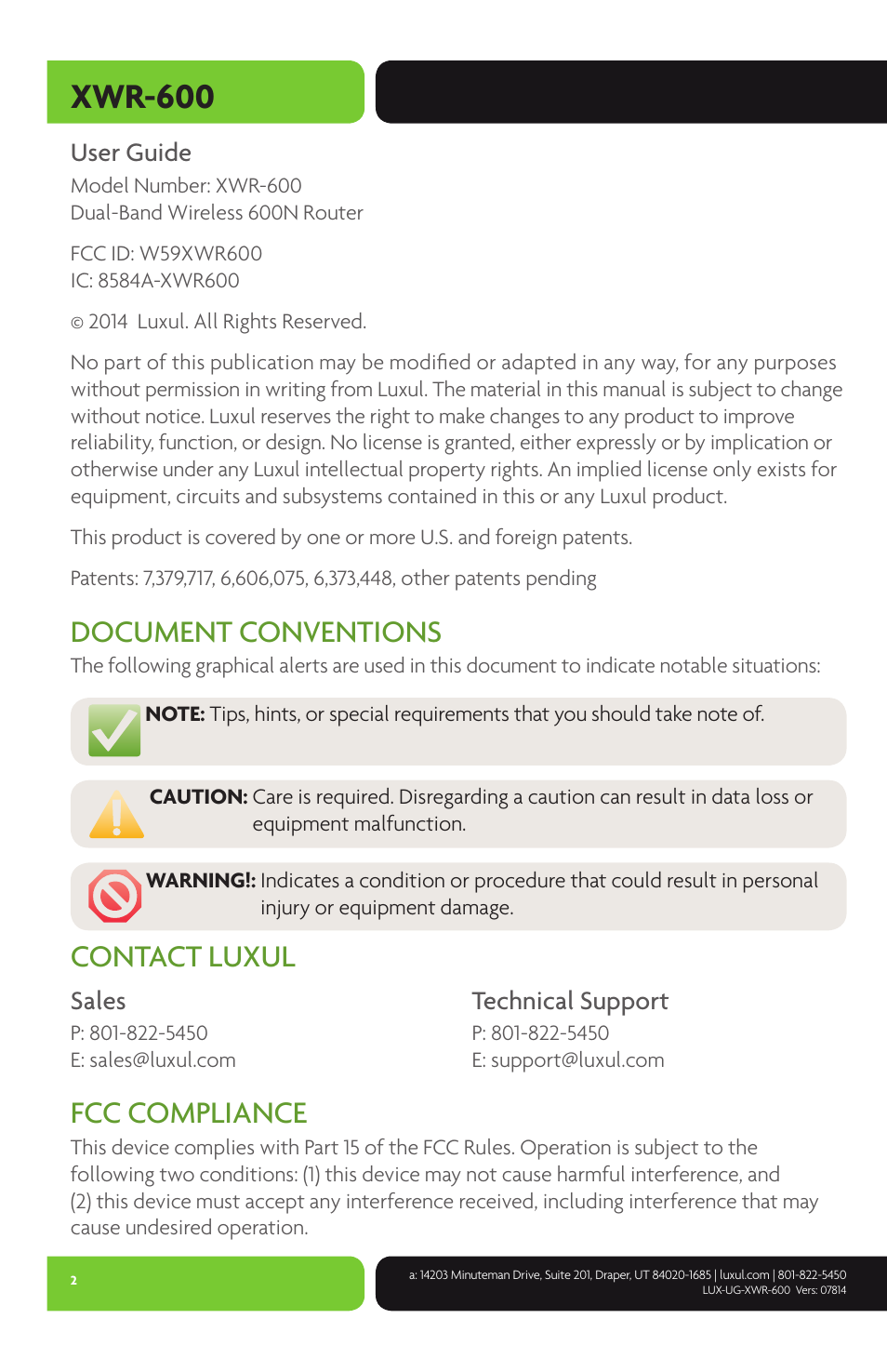 Xwr-600, Document conventions, Contact luxul fcc compliance | Luxul XWR-600 User Manual | Page 2 / 48