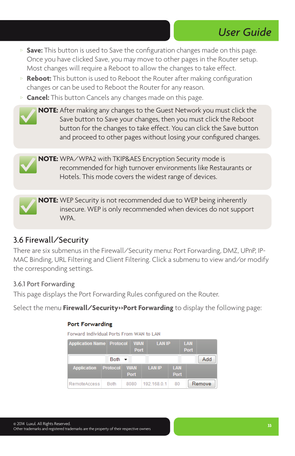 User guide, 6 firewall/security | Luxul XWR-600 User Manual | Page 33 / 48