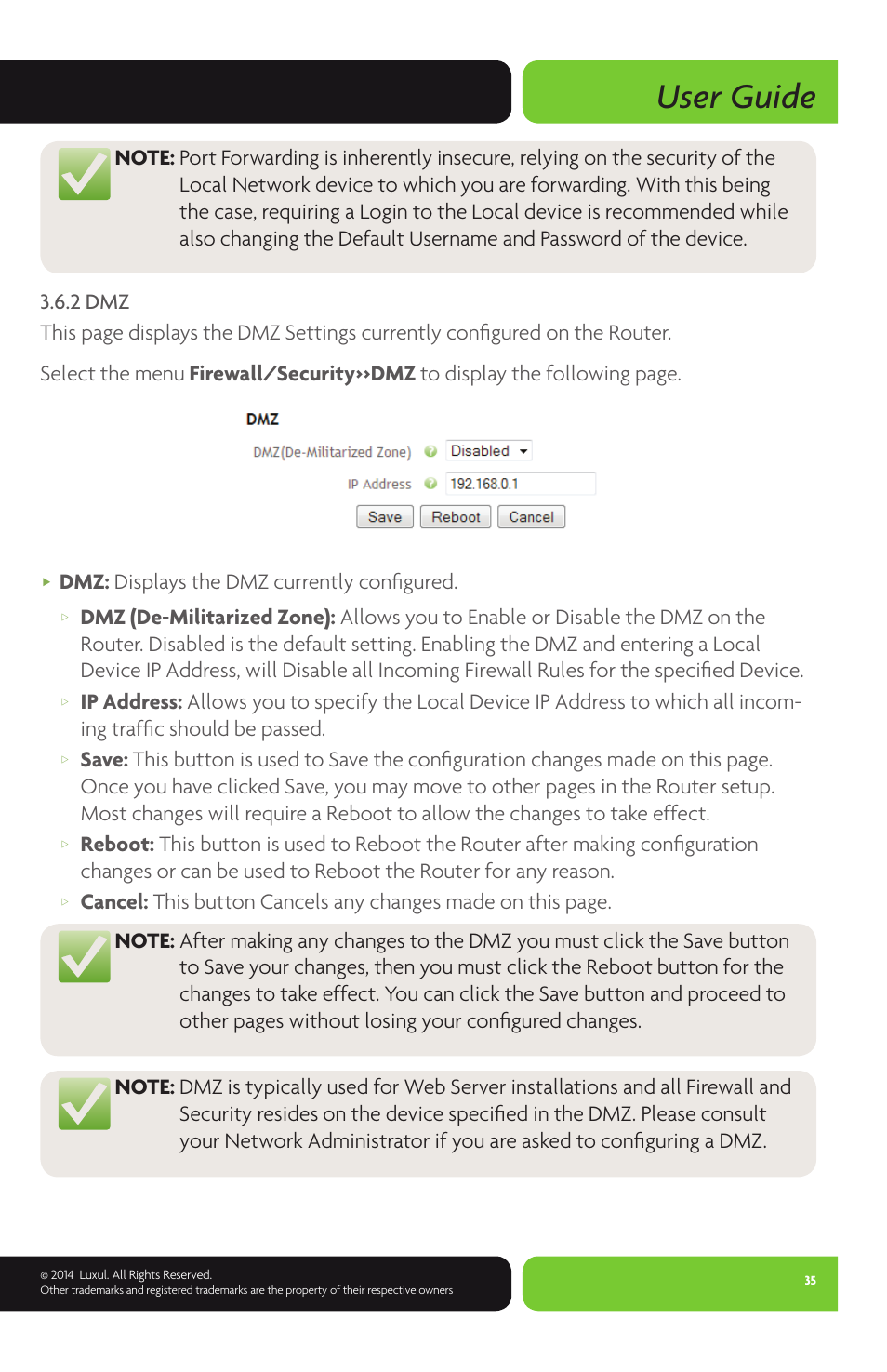 User guide, Dmz: displays the dmz currently configured | Luxul XWR-600 User Manual | Page 35 / 48