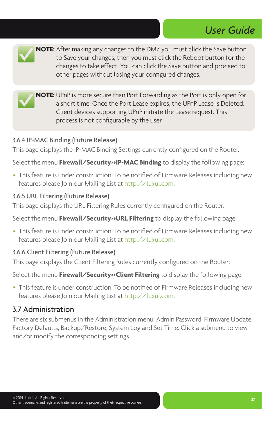User guide, 7 administration | Luxul XWR-600 User Manual | Page 37 / 48