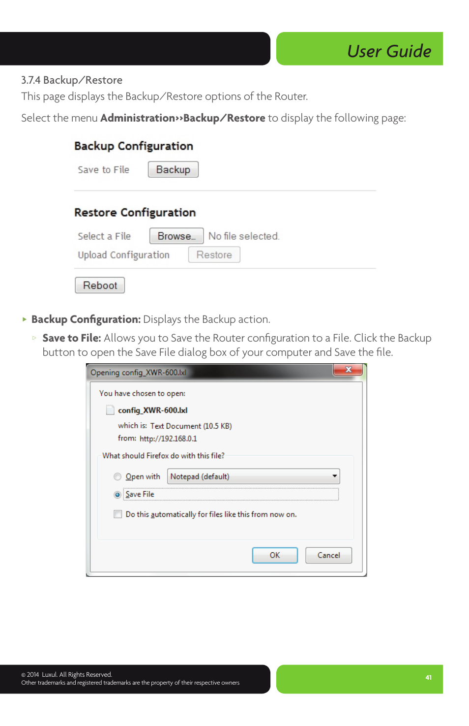 User guide, Backup configuration: displays the backup action | Luxul XWR-600 User Manual | Page 41 / 48