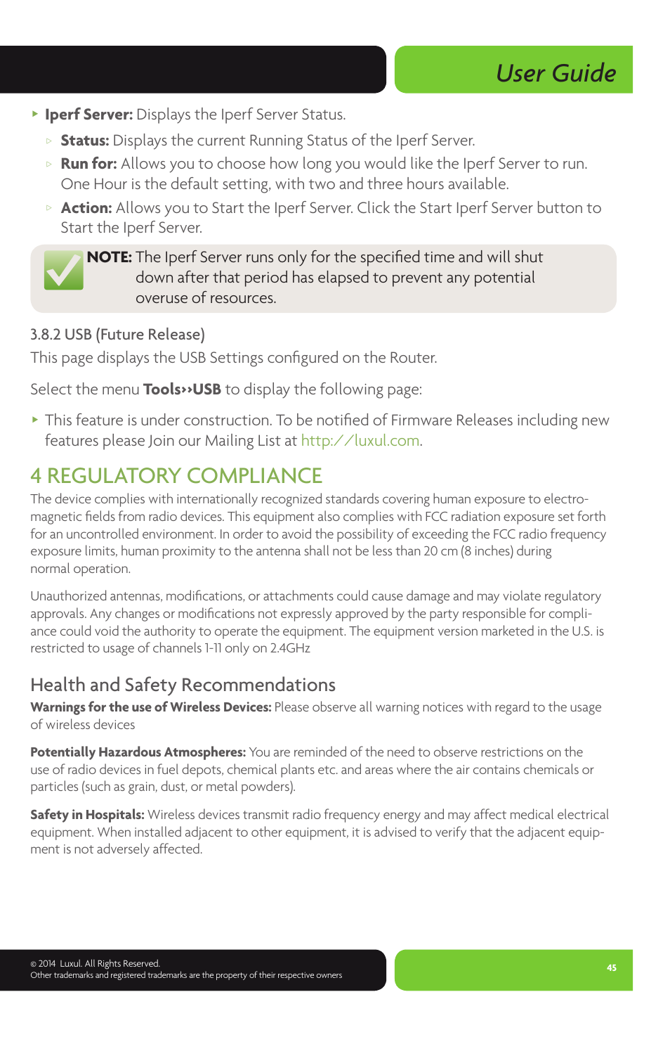 User guide, 4 regulatory compliance, Health and safety recommendations | Iperf server: displays the iperf server status | Luxul XWR-600 User Manual | Page 45 / 48