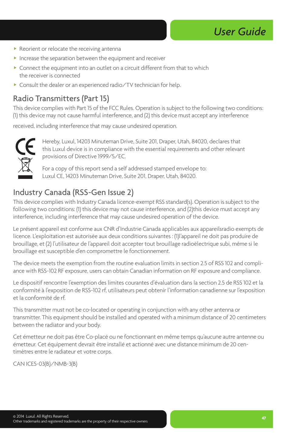 User guide, Radio transmitters (part 15), Industry canada (rss-gen issue 2) | Luxul XWR-600 User Manual | Page 47 / 48