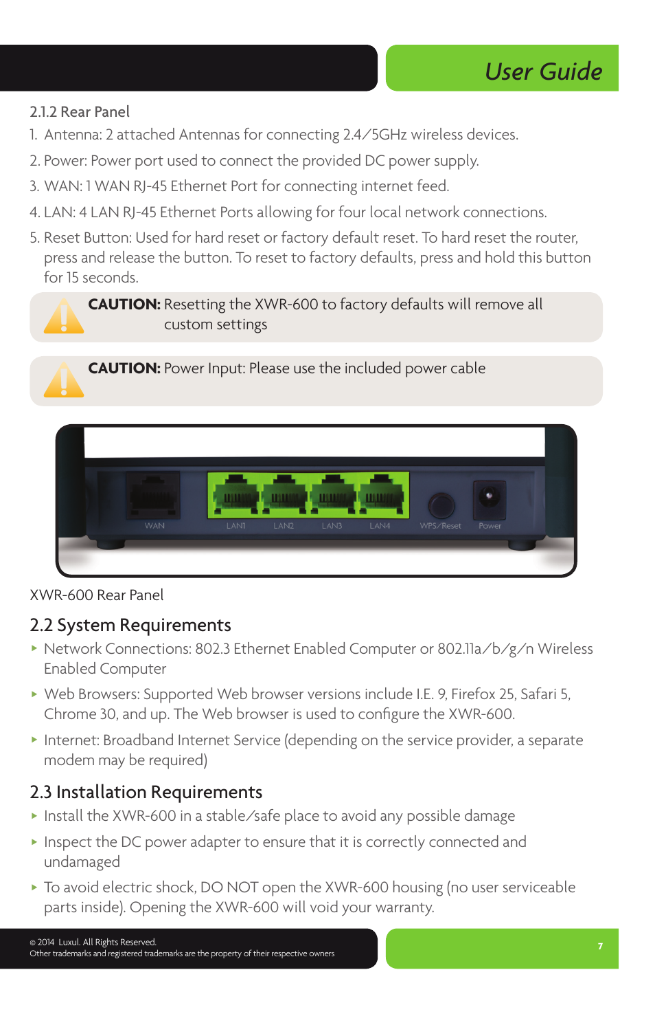 User guide, 2 system requirements, 3 installation requirements | Luxul XWR-600 User Manual | Page 7 / 48