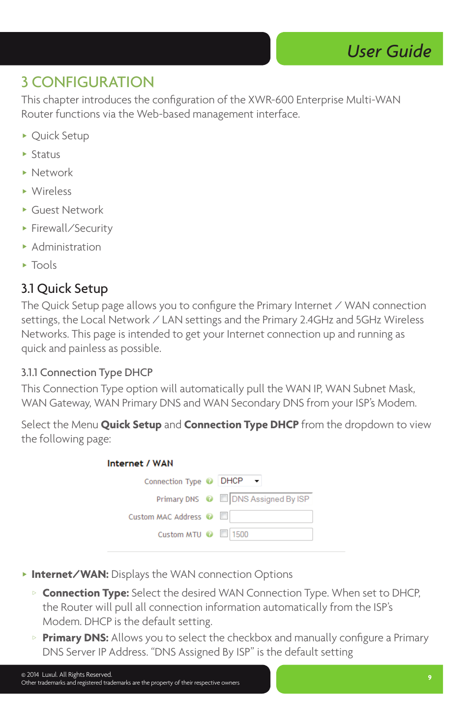 User guide, 3 configuration, 1 quick setup | Quick setup, Status, Network, Wireless, Guest network, Firewall/security, Administration | Luxul XWR-600 User Manual | Page 9 / 48