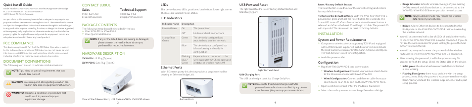 Fcc compliance, Document conventions, Contact luxul | Package contents, Hardware description, Installation, Quick install guide, Sales, Technical support, Leds | Luxul XVW-P30 User Manual | Page 2 / 2