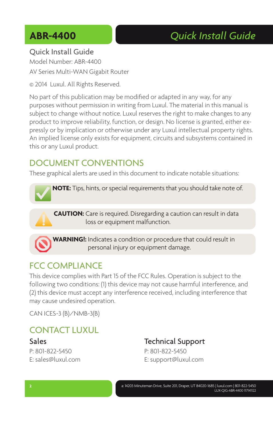 Quick install guide abr-4400, Document conventions, Fcc compliance | Contact luxul | Luxul ABR-4400 User Manual | Page 2 / 8