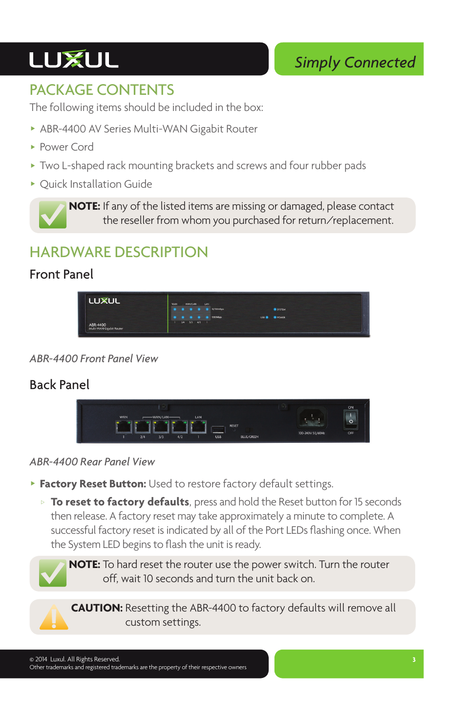 Simply connected, Package contents, Hardware description | Front panel, Back panel | Luxul ABR-4400 User Manual | Page 3 / 8