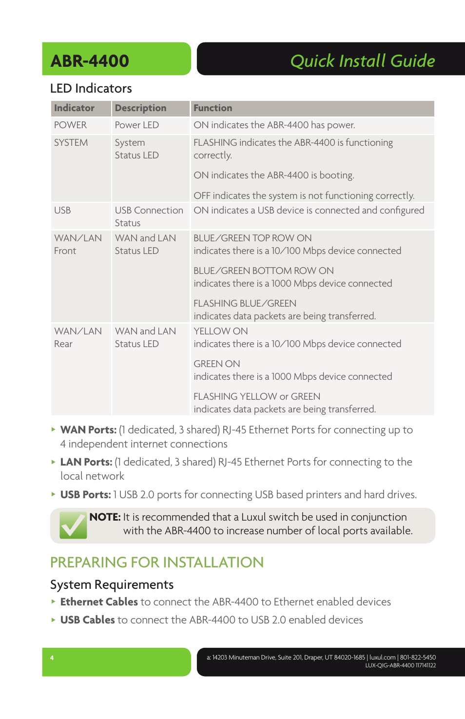 Quick install guide abr-4400, Preparing for installation, Led indicators | System requirements | Luxul ABR-4400 User Manual | Page 4 / 8