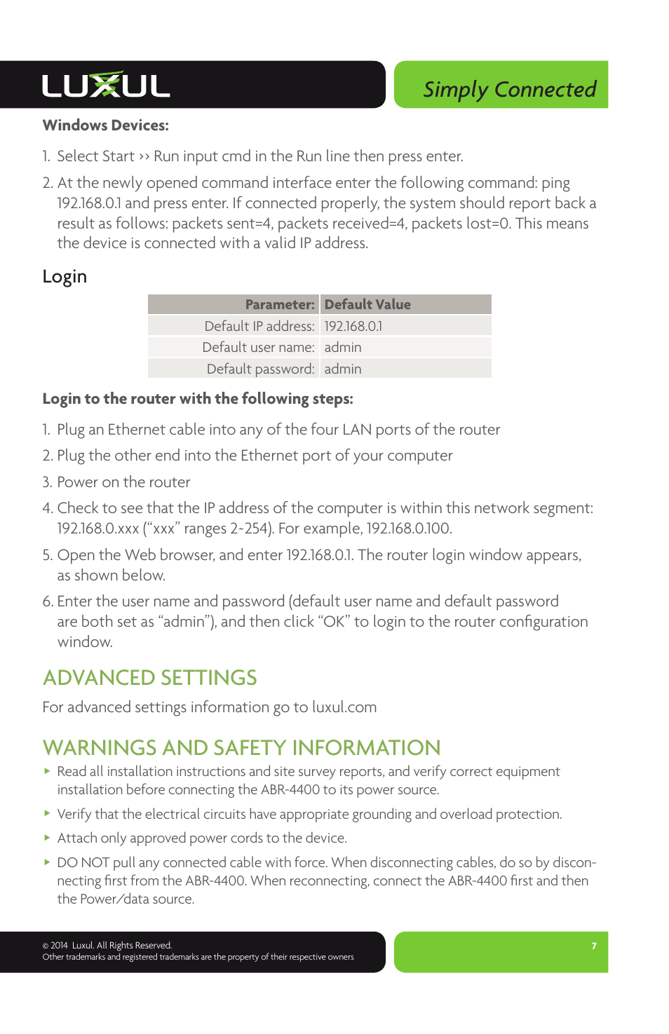 Simply connected, Advanced settings, Warnings and safety information | Login | Luxul ABR-4400 User Manual | Page 7 / 8