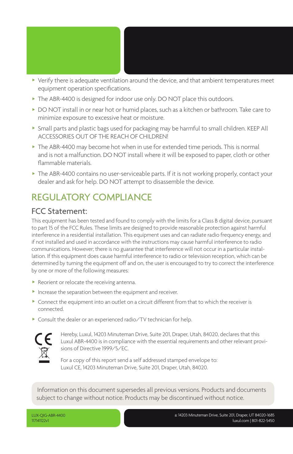 Regulatory compliance, Fcc statement | Luxul ABR-4400 User Manual | Page 8 / 8