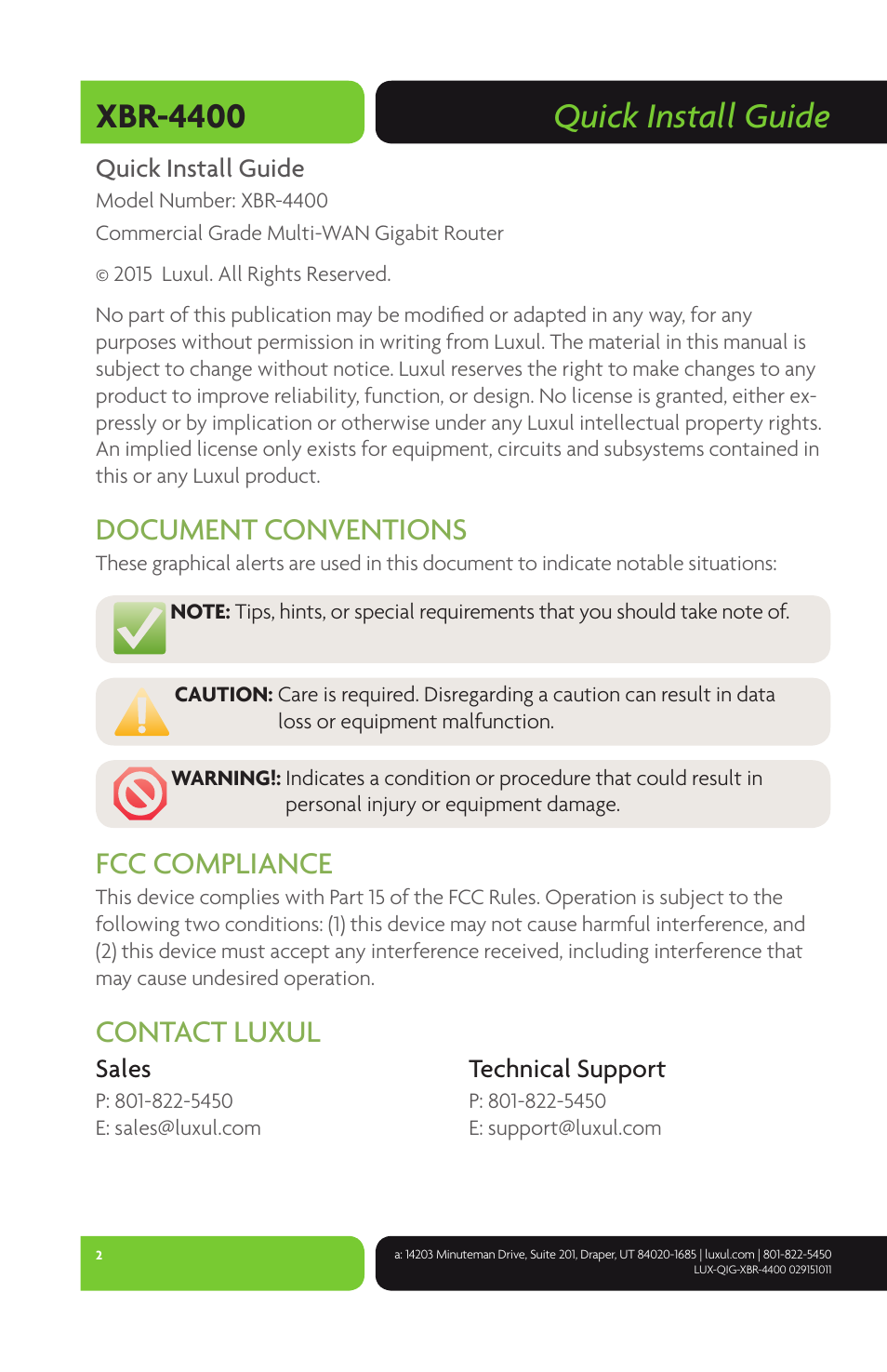 Quick install guide xbr-4400, Document conventions, Fcc compliance | Contact luxul | Luxul XBR-4400 User Manual | Page 2 / 8