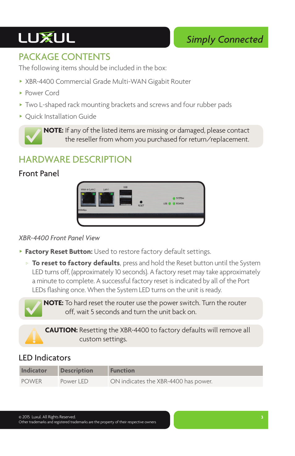 Simply connected, Package contents, Hardware description | Front panel, Led indicators | Luxul XBR-4400 User Manual | Page 3 / 8