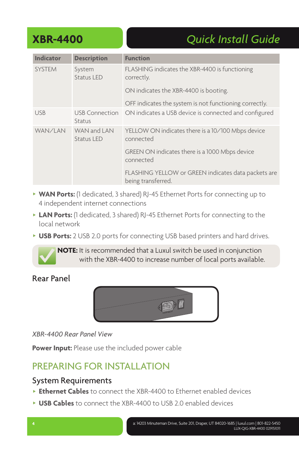 Quick install guide xbr-4400, Preparing for installation, Rear panel | System requirements | Luxul XBR-4400 User Manual | Page 4 / 8