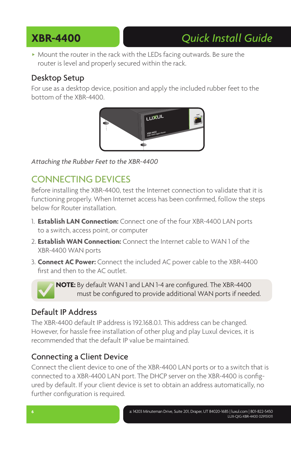 Quick install guide xbr-4400, Connecting devices, Desktop setup | Default ip address, Connecting a client device | Luxul XBR-4400 User Manual | Page 6 / 8