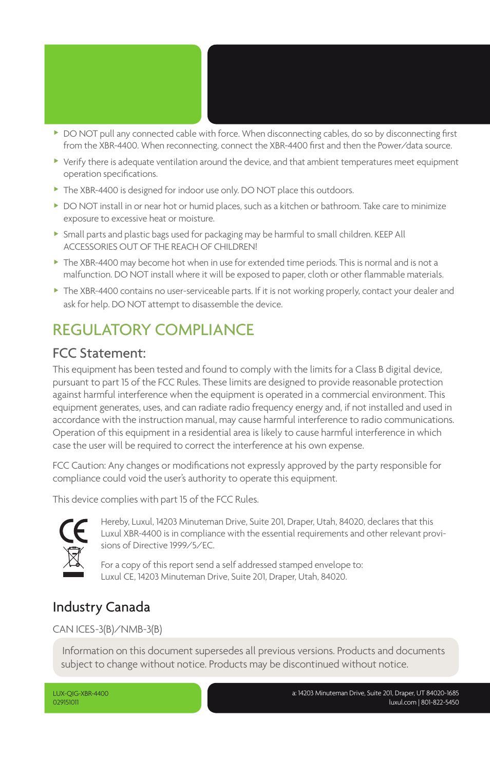 Regulatory compliance, Fcc statement, Industry canada | Luxul XBR-4400 User Manual | Page 8 / 8