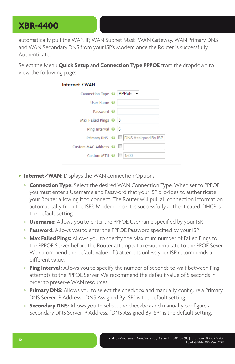 Xbr-4400, Internet/wan: displays the wan connection options | Luxul XBR-4400 User Manual | Page 10 / 44