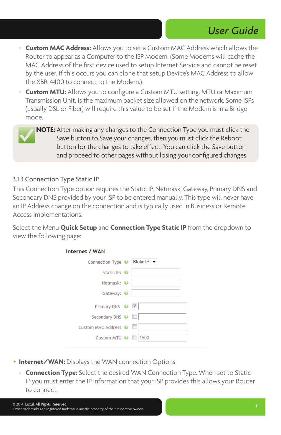 User guide, Internet/wan: displays the wan connection options | Luxul XBR-4400 User Manual | Page 11 / 44