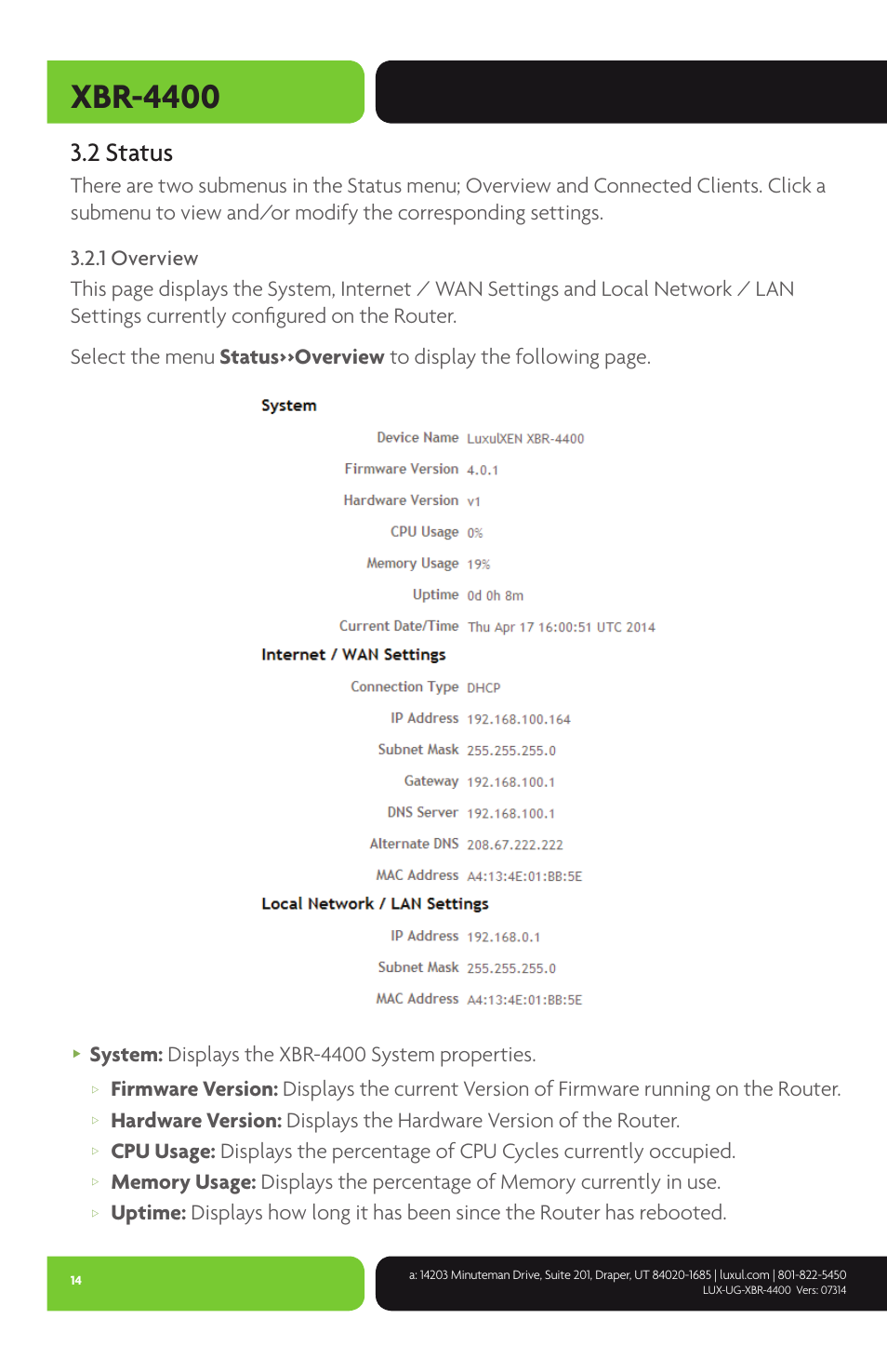 Xbr-4400, 2 status, System: displays the xbr-4400 system properties | Luxul XBR-4400 User Manual | Page 14 / 44