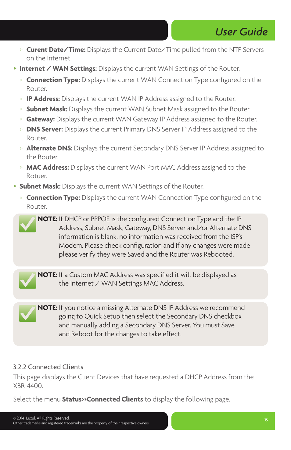 User guide | Luxul XBR-4400 User Manual | Page 15 / 44