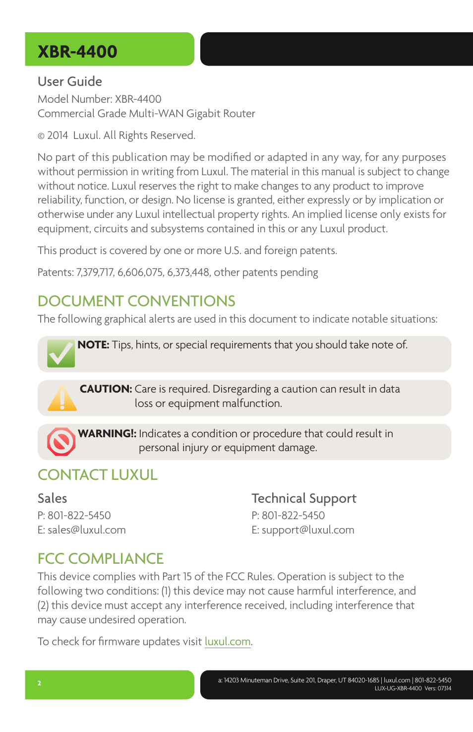 Xbr-4400, Document conventions, Contact luxul fcc compliance | Luxul XBR-4400 User Manual | Page 2 / 44