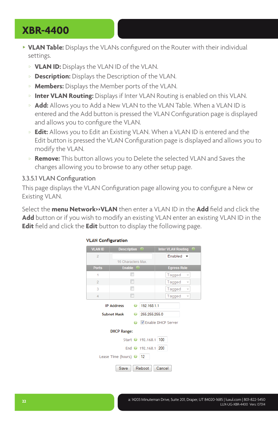 Xbr-4400, Vlan id: displays the vlan id of the vlan, Description: displays the description of the vlan | Members: displays the member ports of the vlan | Luxul XBR-4400 User Manual | Page 22 / 44