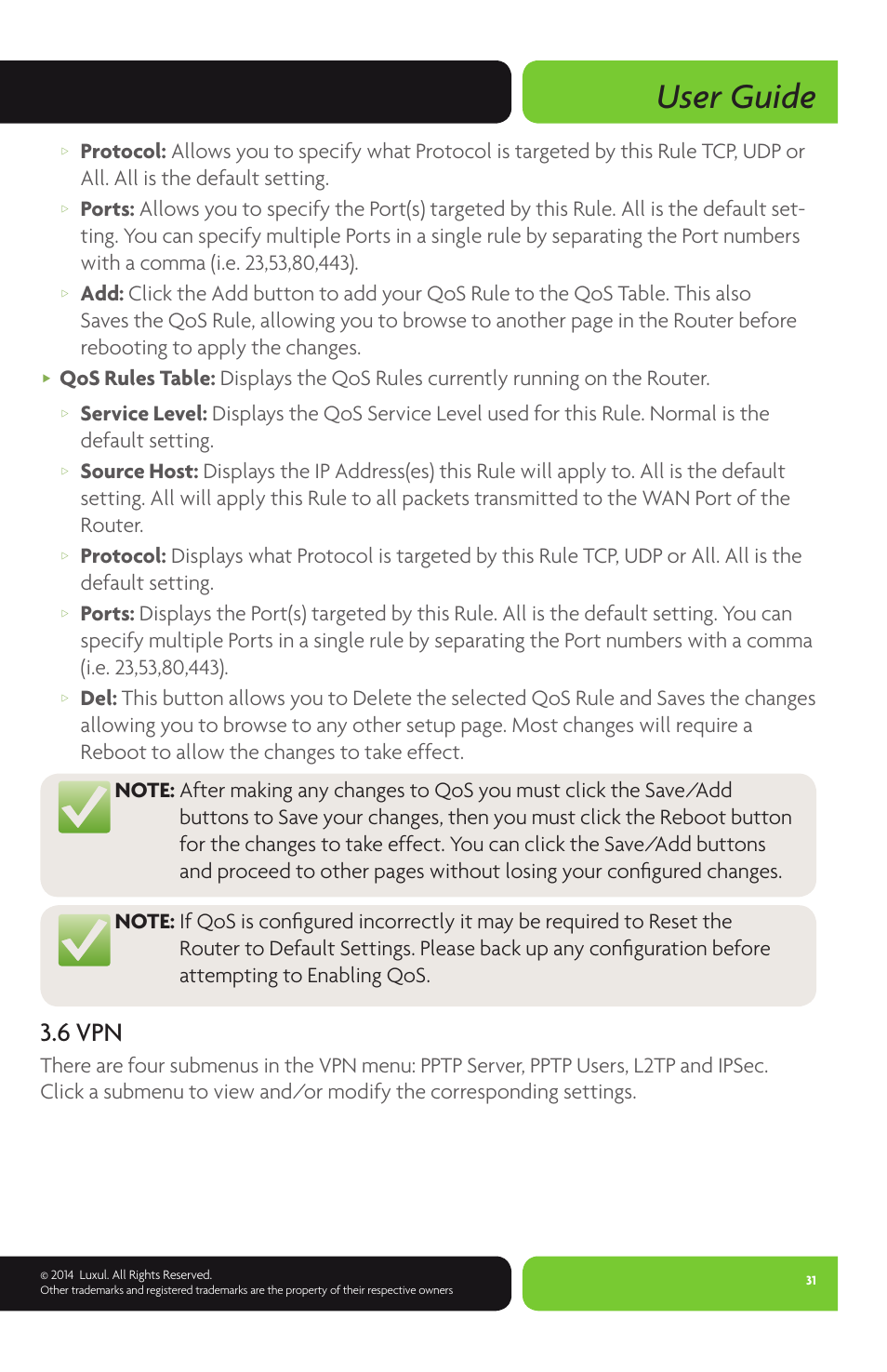 User guide, 6 vpn | Luxul XBR-4400 User Manual | Page 31 / 44