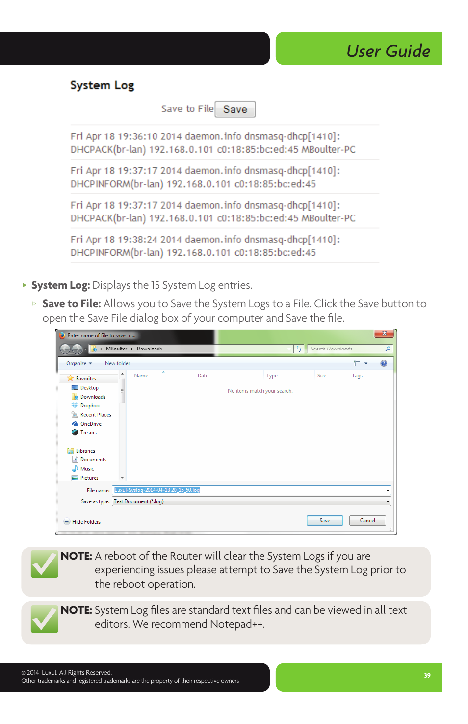 User guide, System log: displays the 15 system log entries | Luxul XBR-4400 User Manual | Page 39 / 44