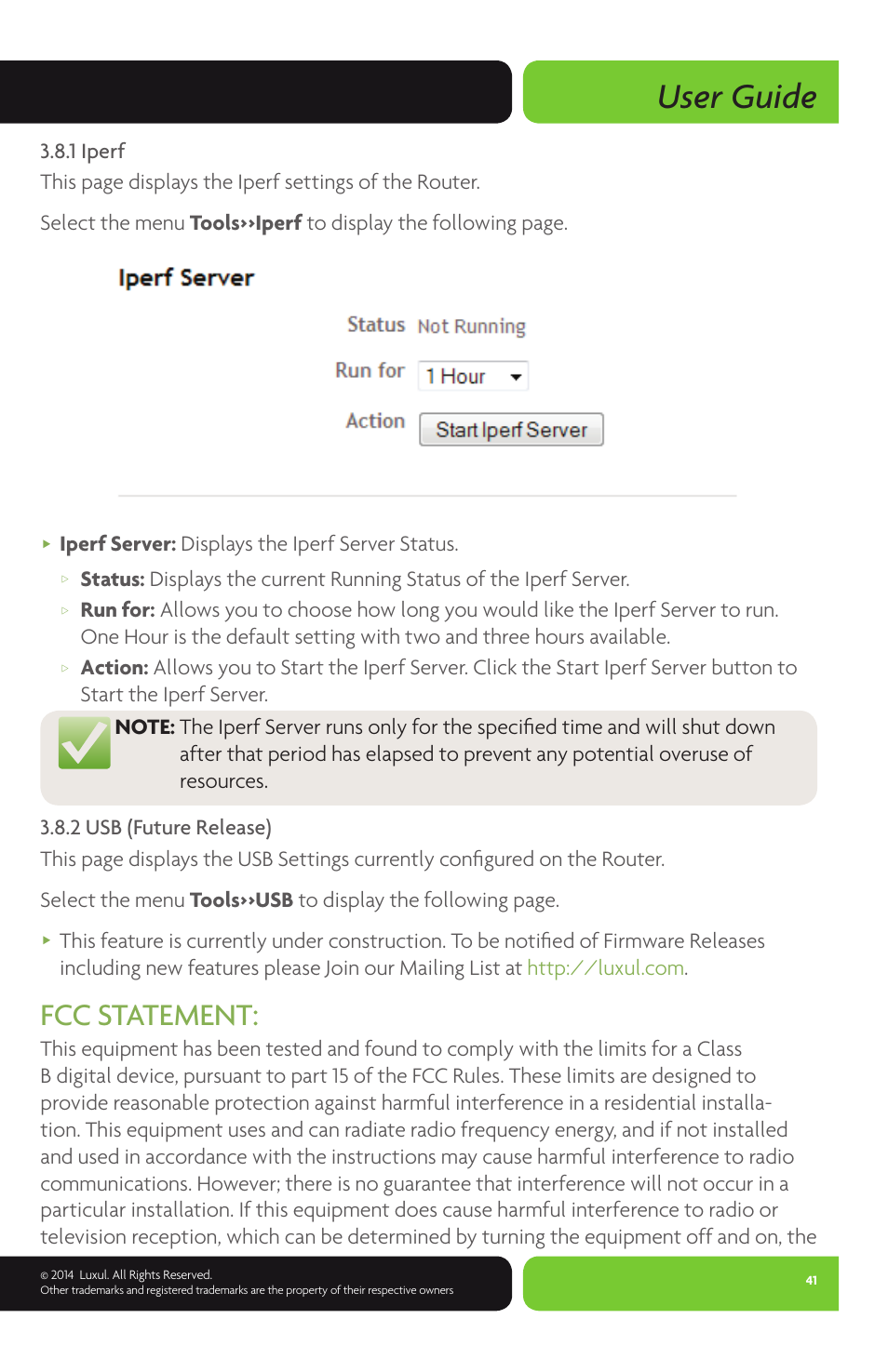 User guide, Fcc statement, Iperf server: displays the iperf server status | Luxul XBR-4400 User Manual | Page 41 / 44