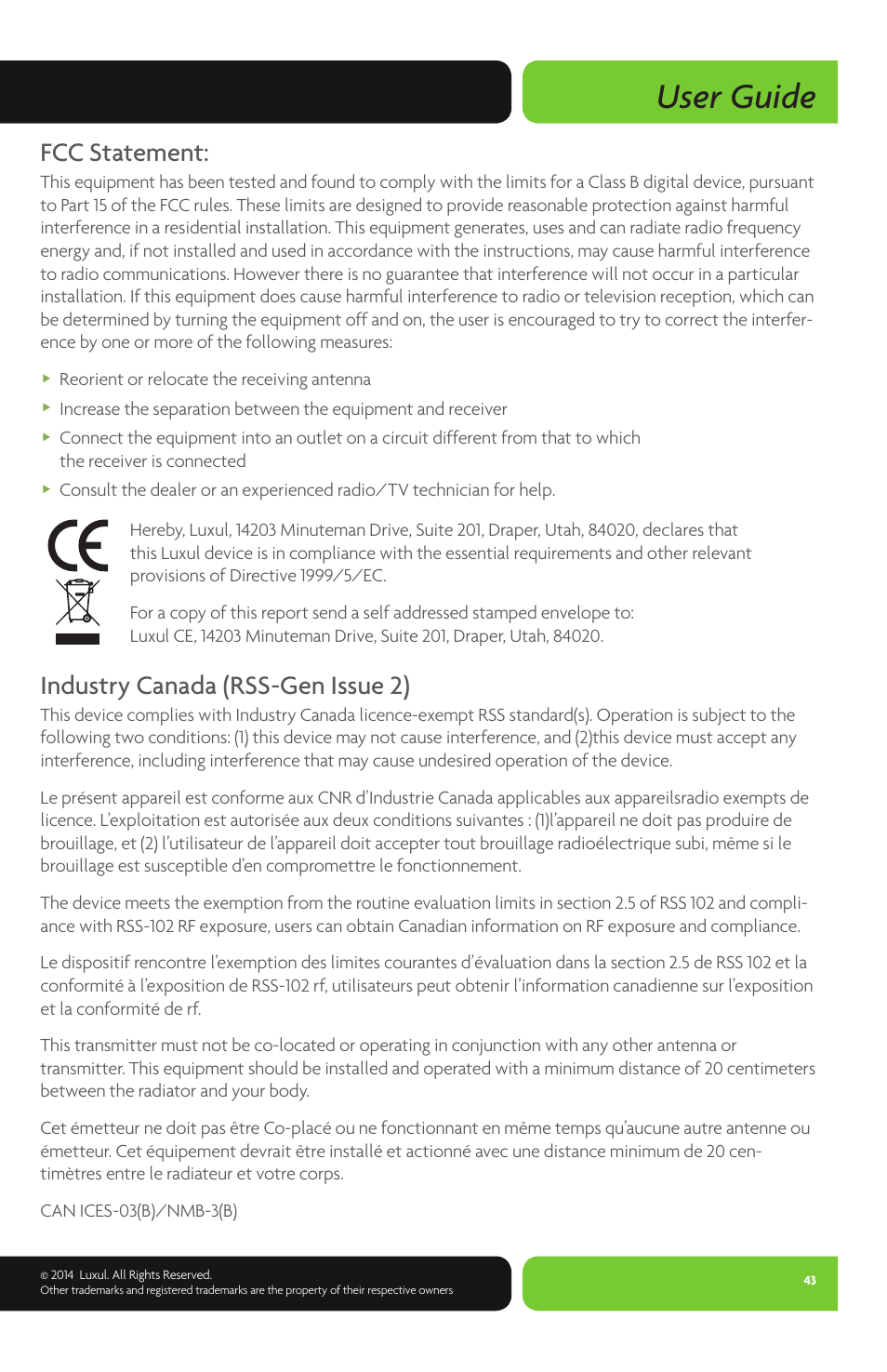 User guide, Fcc statement, Industry canada (rss-gen issue 2) | Luxul XBR-4400 User Manual | Page 43 / 44