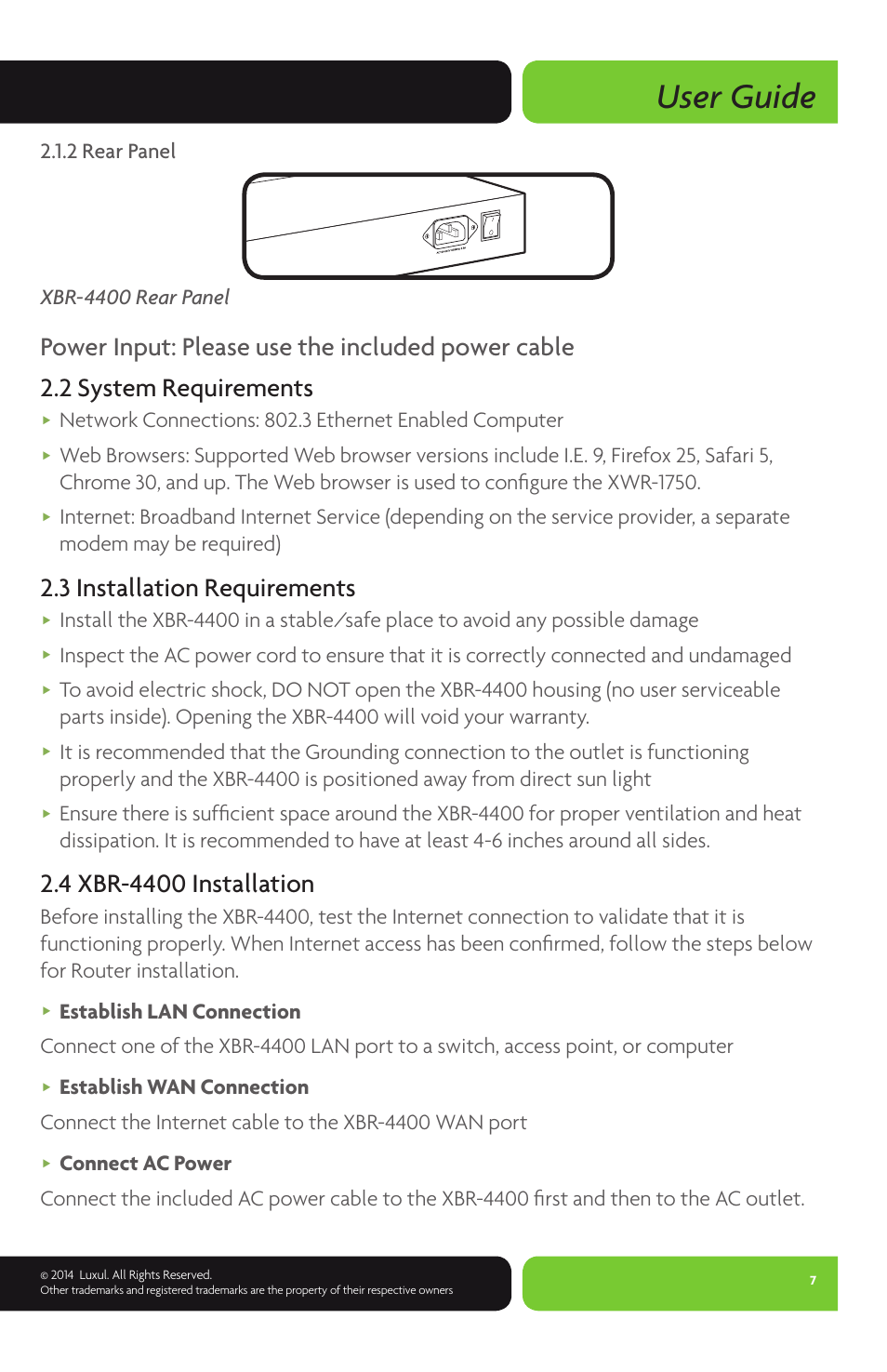 User guide, 3 installation requirements | Luxul XBR-4400 User Manual | Page 7 / 44