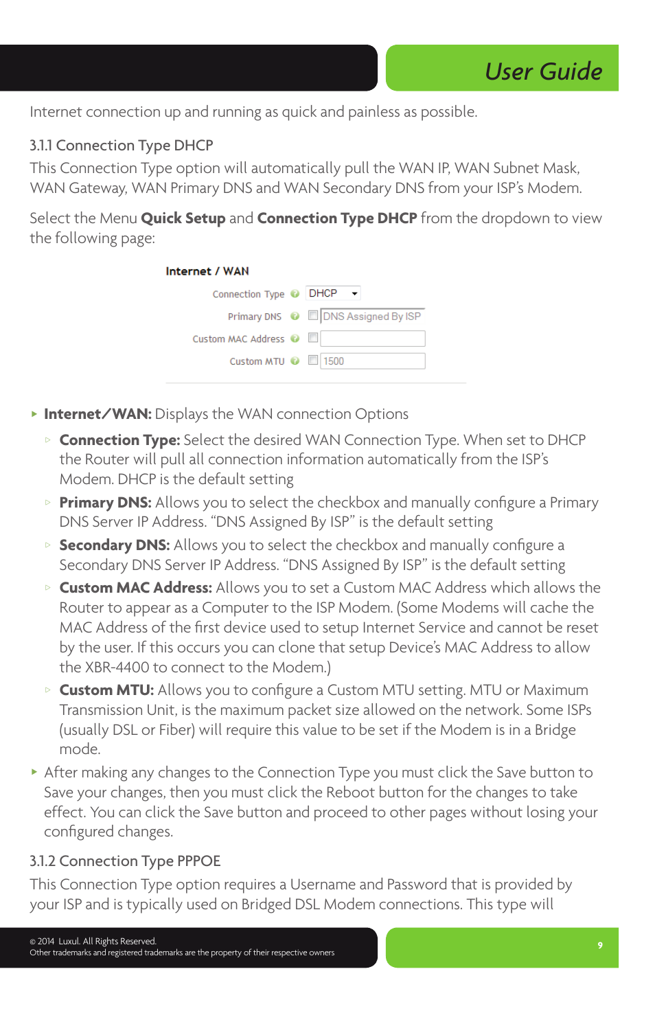 User guide, Internet/wan: displays the wan connection options | Luxul XBR-4400 User Manual | Page 9 / 44