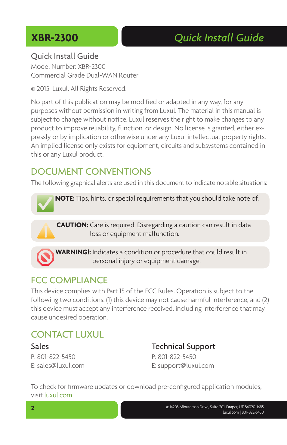 Quick install guide xbr-2300, Document conventions, Fcc compliance | Contact luxul | Luxul XBR-2300 User Manual | Page 2 / 8