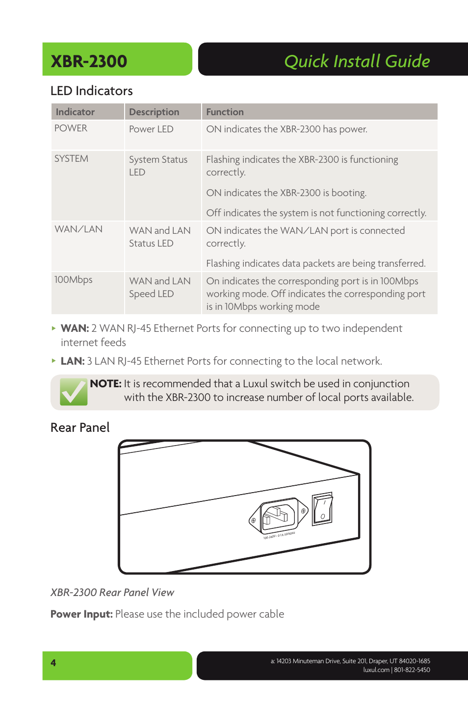 Quick install guide xbr-2300, Led indicators, Rear panel | Luxul XBR-2300 User Manual | Page 4 / 8