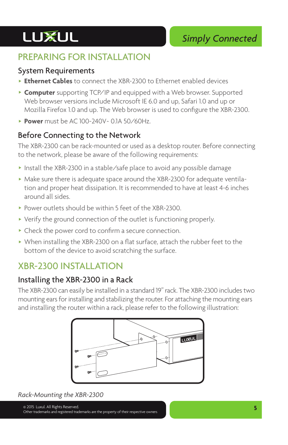 Simply connected, Preparing for installation, Xbr-2300 installation | System requirements, Before connecting to the network, Installing the xbr-2300 in a rack | Luxul XBR-2300 User Manual | Page 5 / 8