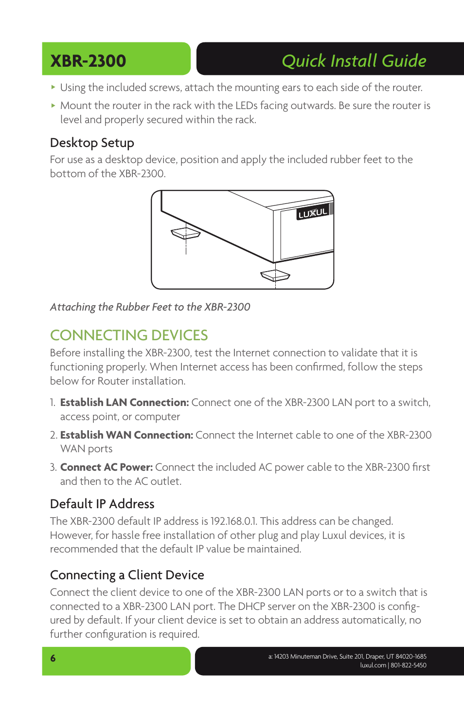 Quick install guide xbr-2300, Connecting devices, Desktop setup | Default ip address, Connecting a client device | Luxul XBR-2300 User Manual | Page 6 / 8