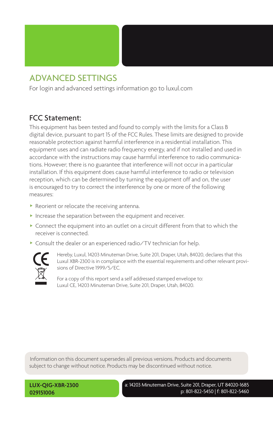 Advanced settings, Fcc statement | Luxul XBR-2300 User Manual | Page 8 / 8