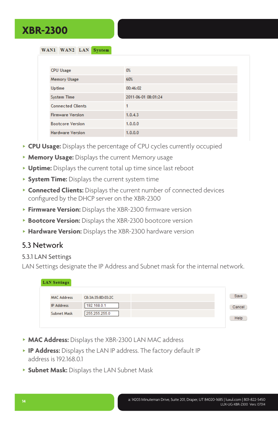 Xbr-2300, 3 network, System time: displays the current system time | Mac address: displays the xbr-2300 lan mac address, Subnet mask: displays the lan subnet mask | Luxul XBR-2300 User Manual | Page 14 / 52